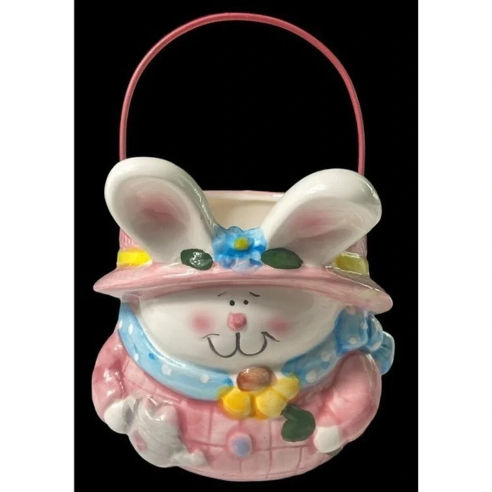 Vintage 2004 Ceramic Easter Bunny Mug Bunny Basket Jar Pink‎ Egg Collectibles